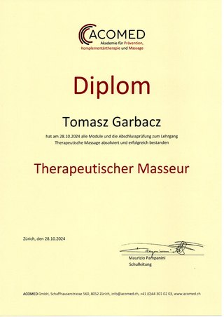 Diplom der Acomed-Schule Zürich: Therapeutischer Masseur