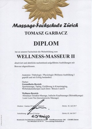 Diplom der Massage-Fachschule Zürich: Wellness-Masseur II