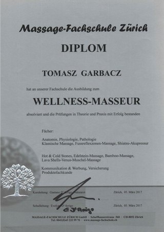 Diplom der Massage-Fachschule Zürich: Wellness-Masseur