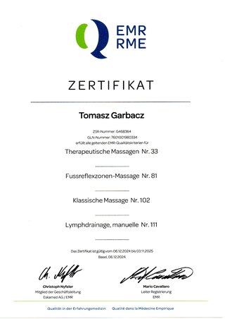 EMR-Zertifikat für Tomasz Garbacz: Qualitätslabel für Komplementärtherapie