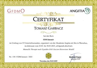 Zertifikat der Akademie Angitia / GFDMO im Fasziendistorsionsmodell nach Typaldos